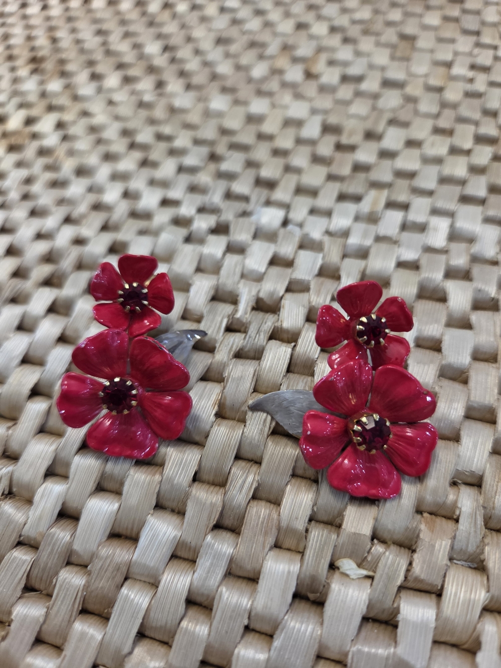 Cara Cara Hot Pink Floral Drop Earrings with Gold Centers. Antique